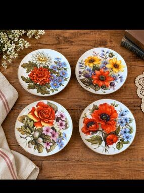 4 Vintage Floral Gold-Rim Porcelain Dessert Plates. Botanical | Vibrant | Chic